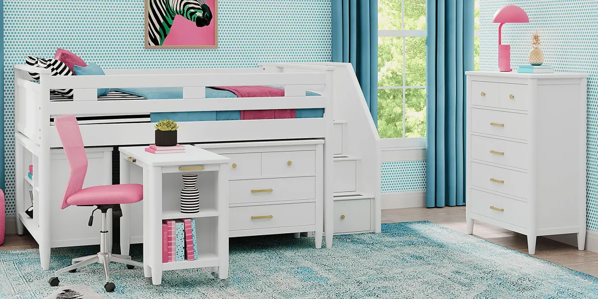 Kids Modern Colors White Twin Step Loft with Loft Chest, Bookcase and Desk