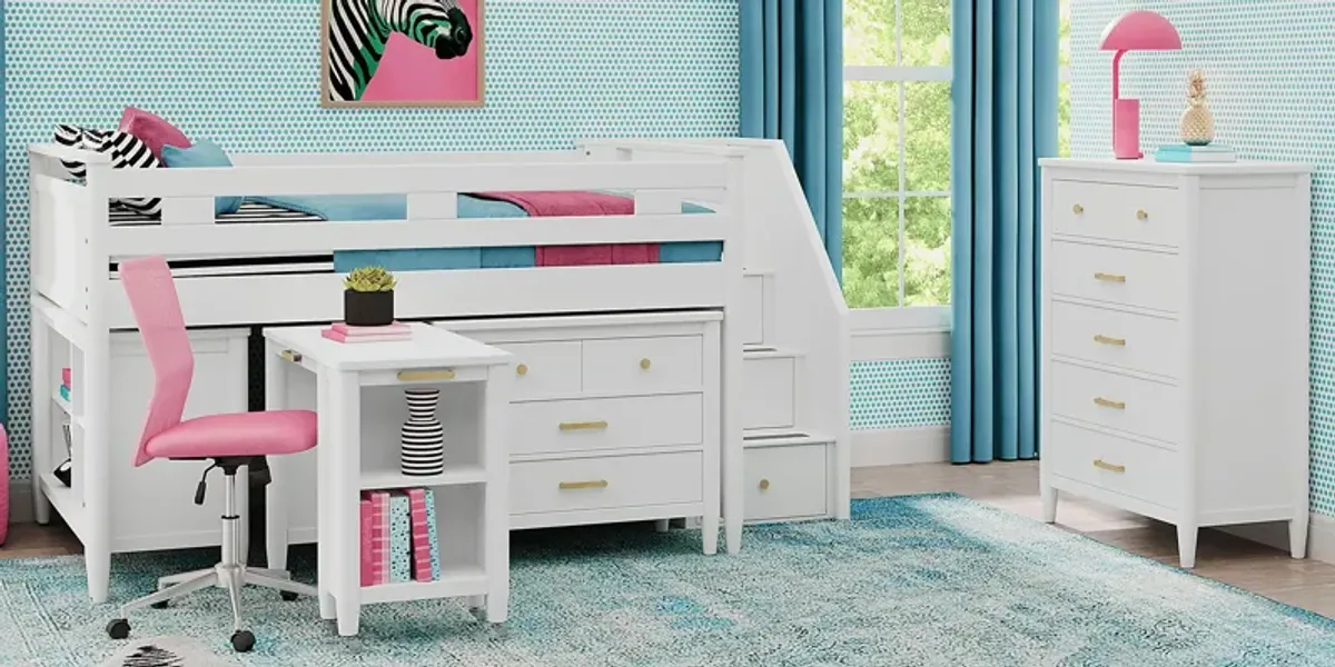 Kids Modern Colors White Twin Step Loft with Loft Chest, Bookcase and Desk