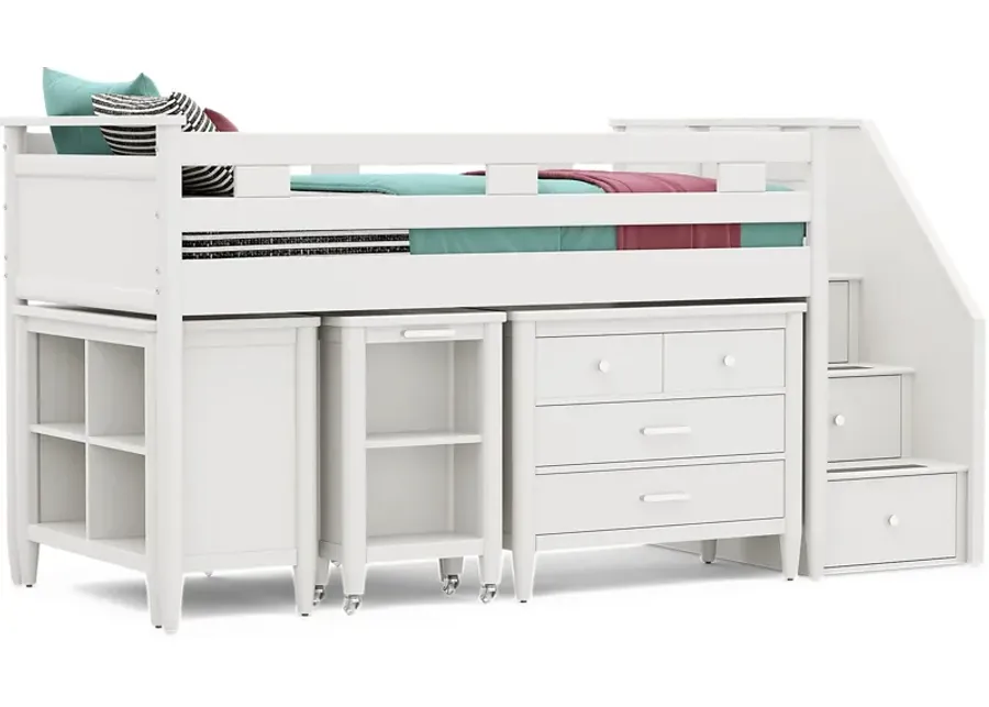 Kids Modern Colors White Twin Step Loft with Loft Chest, Bookcase and Desk