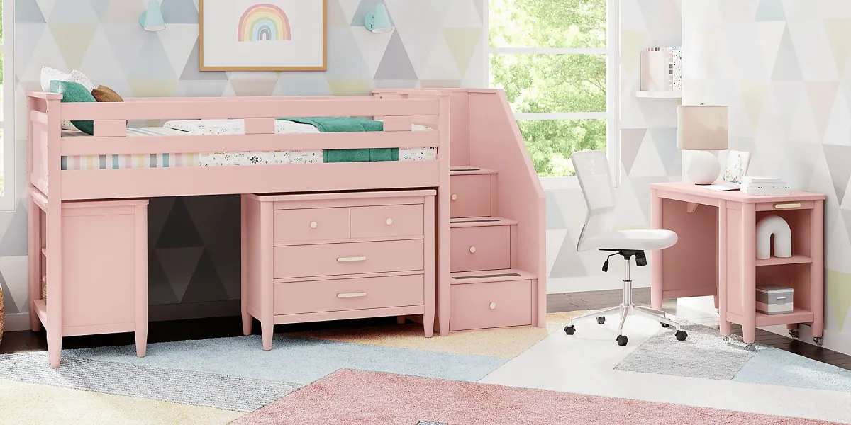 Kids Modern Colors Pink Twin Step Loft with Loft Chest, Bookcase and Desk