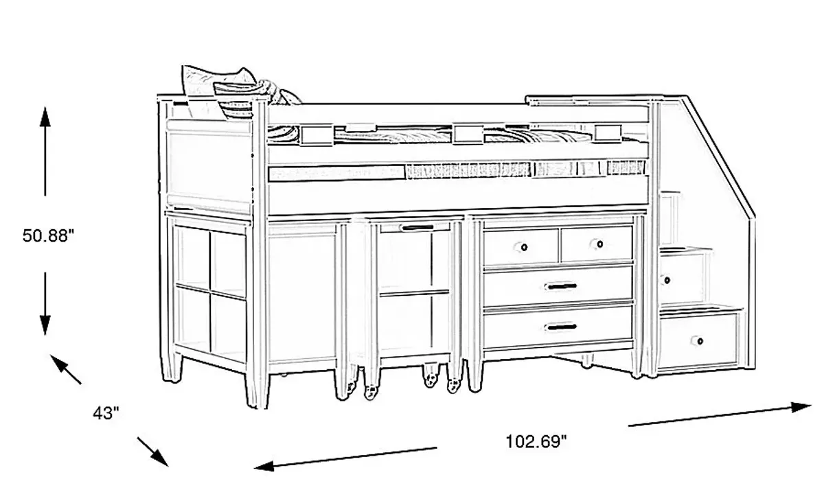 Kids Modern Colors Pink Twin Step Loft with Loft Chest, Bookcase and Desk
