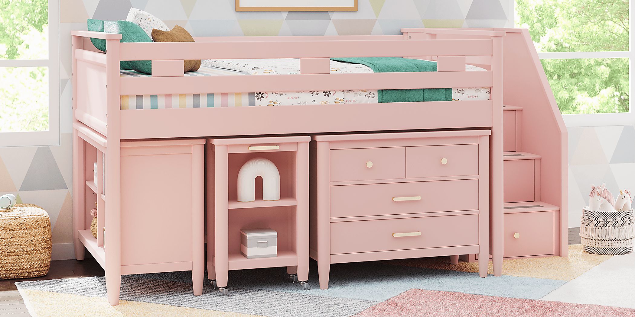 Kids Modern Colors Pink Twin Step Loft with Loft Chest, Bookcase and Desk