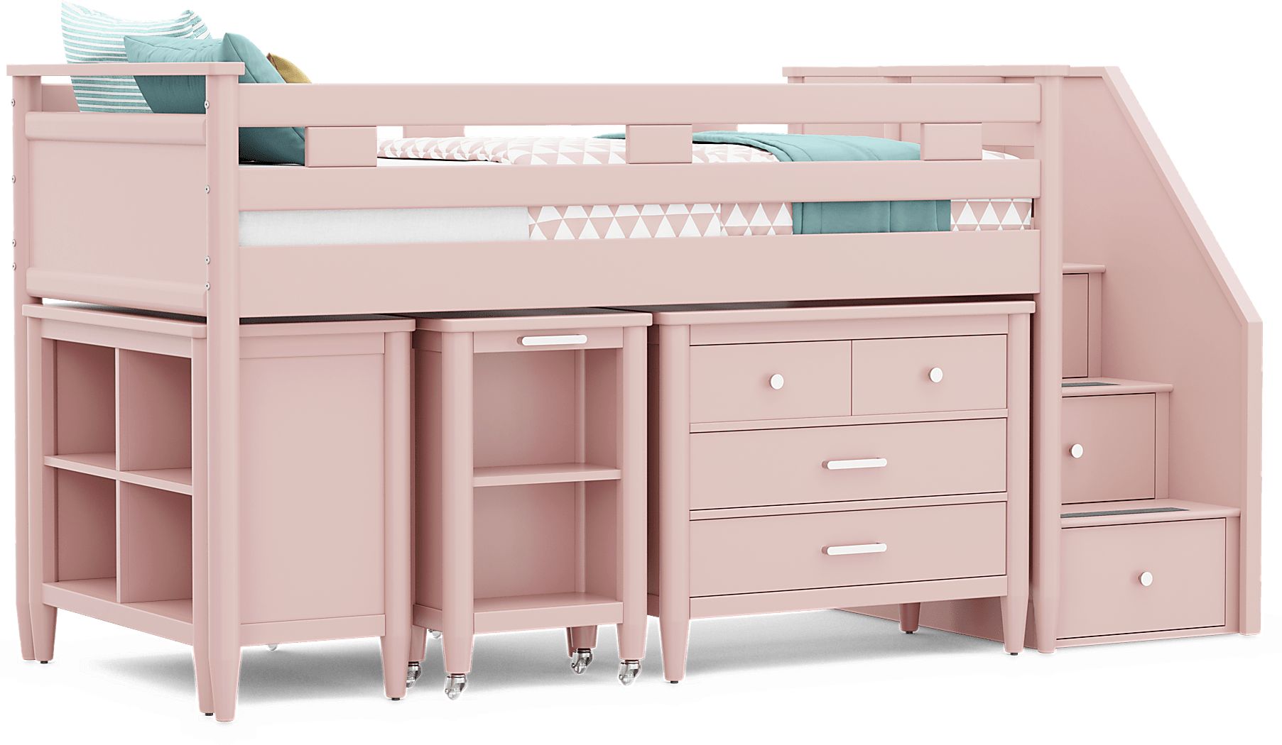 Kids Modern Colors Pink Twin Step Loft with Loft Chest, Bookcase and Desk