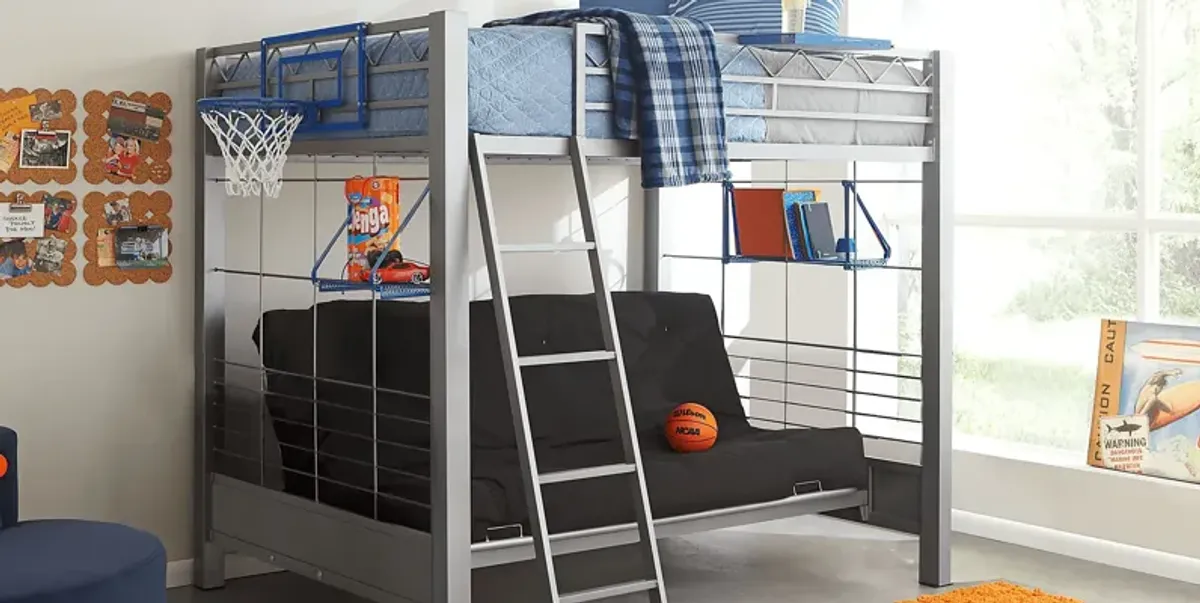 Build-a-Bunk Gray Full/Futon Loft Bed with Blue Accessories and Basketball Hoop