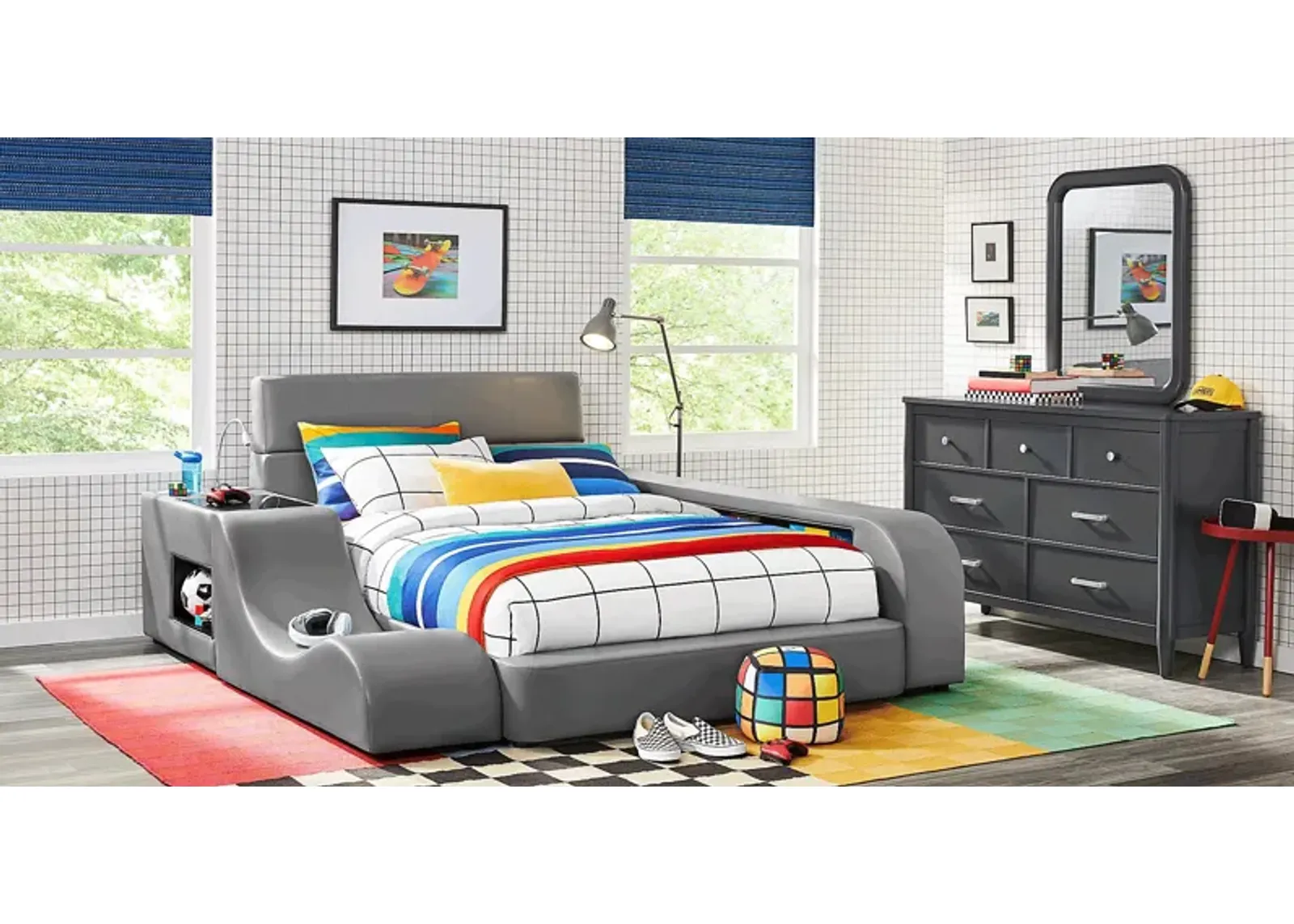 Kids Modern Colors Iron Ore 8 Pc Bedroom with Recharged Gray Full Bed, Nightstand, Lounger, Bookcase