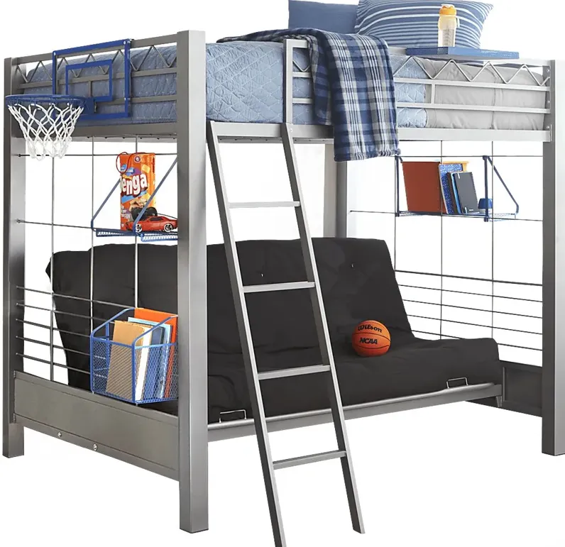 Build-A-Bunk Gray Full/Futon Loft Bed with Blue Accessories and Basketball Hoop