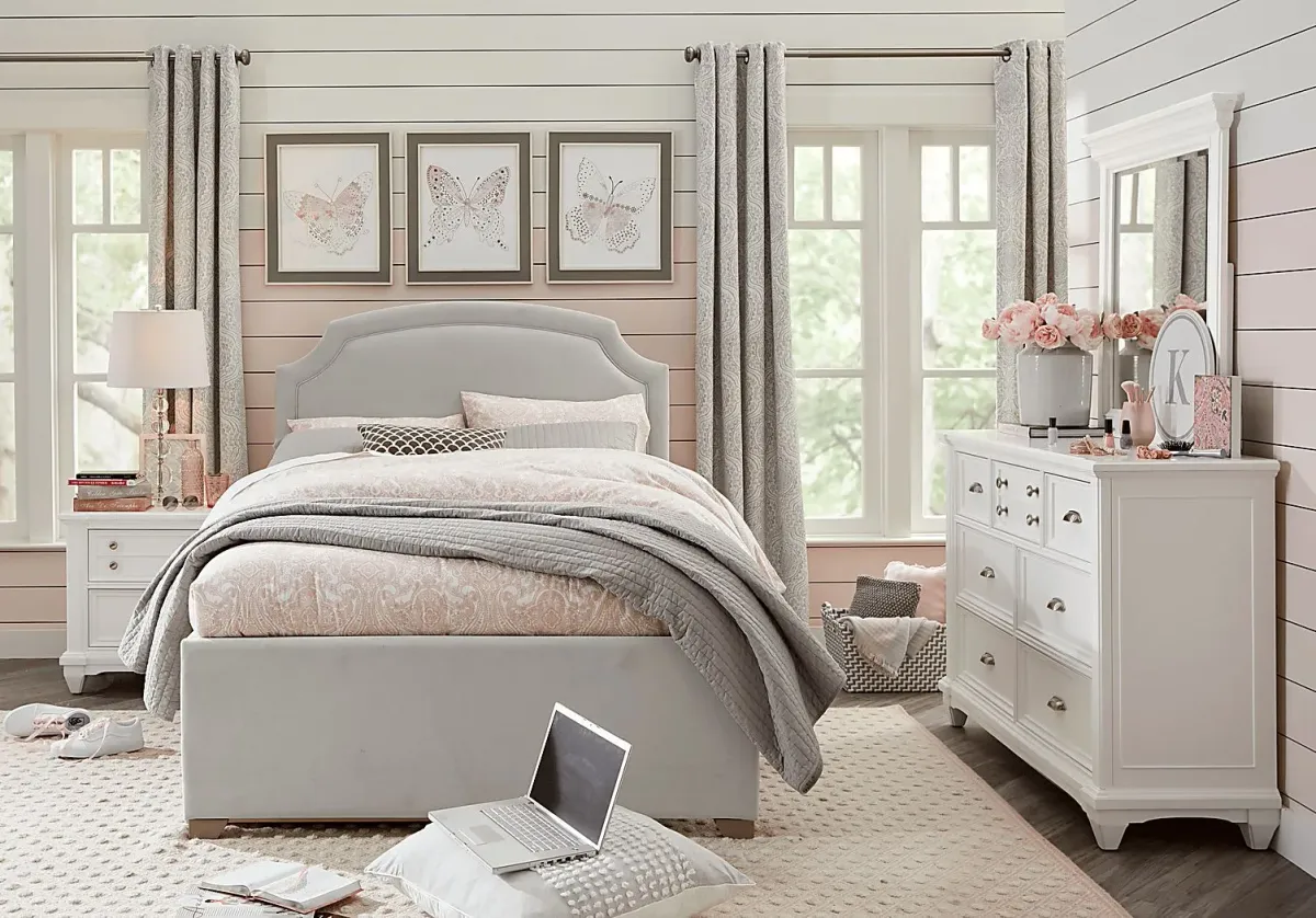 Kids Hilton Head White Bedroom with Dakotah Gray Twin Upholstered Bed