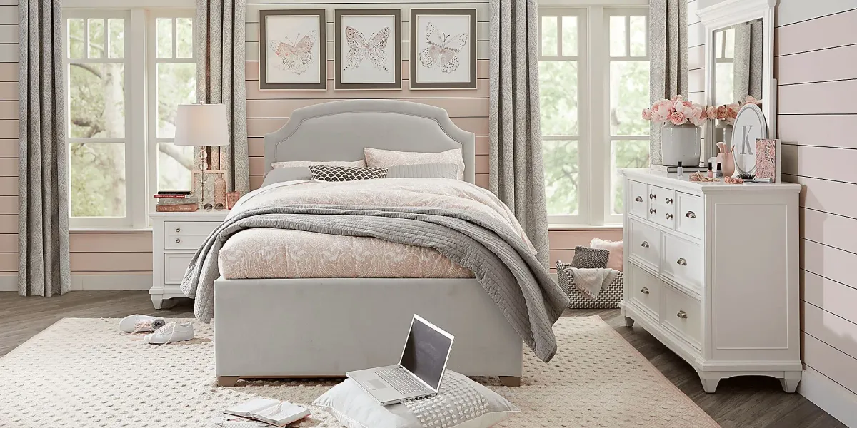 Kids Hilton Head White Bedroom with Dakotah Gray Twin Upholstered Bed