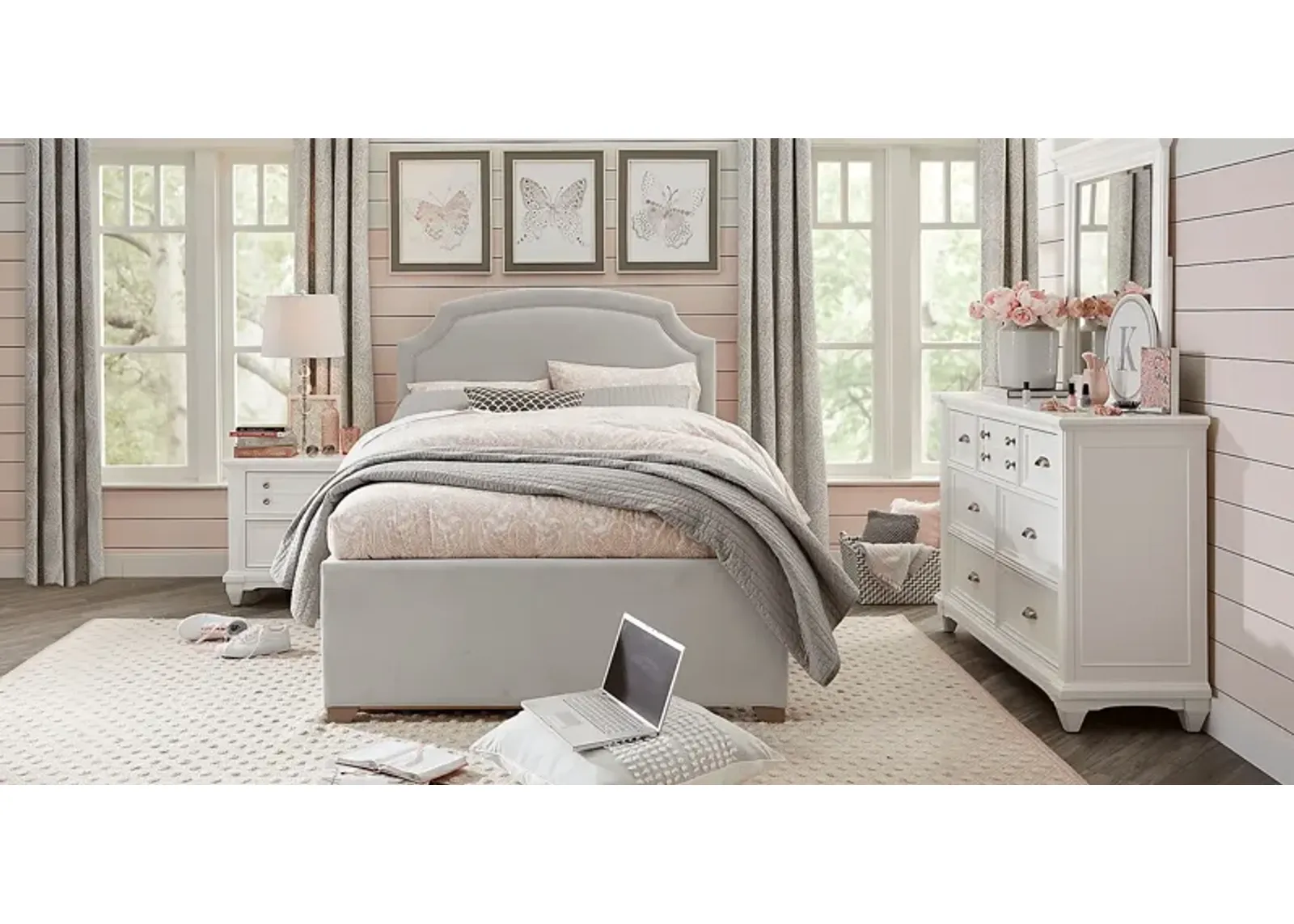 Kids Hilton Head White 5 Pc Bedroom with Dakotah Gray Twin Upholstered Bed