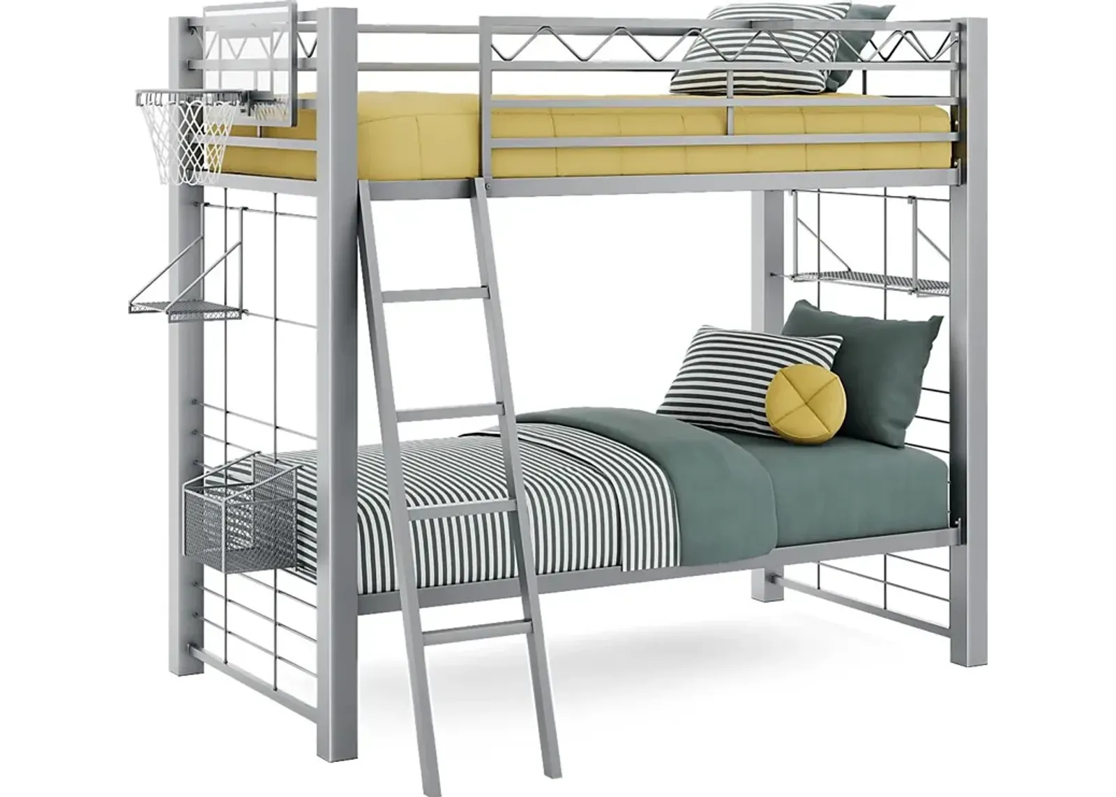 Build-a-Bunk Gray Twin/Twin Bunk Bed with Gray Accessories and Basketball Hoop