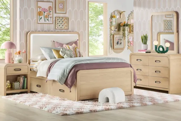 Kids Hidden Hills Light Oak Twin Upholstered Panel Bedroom