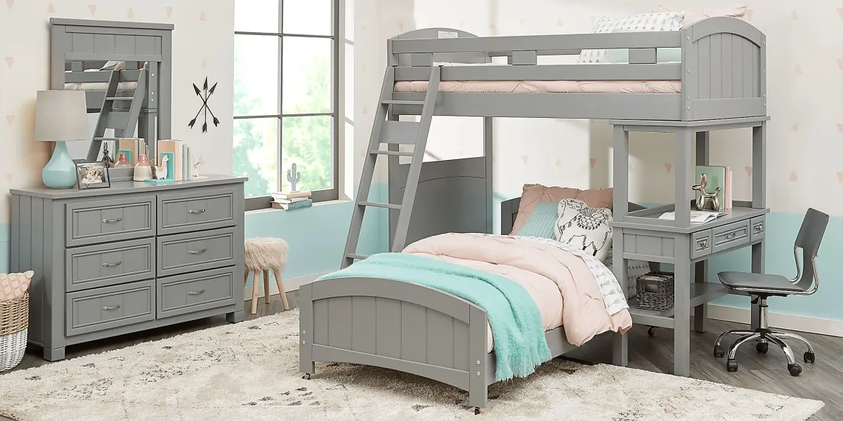 Kids Cottage Colors Gray Twin/Twin Loft Bunk Bed with Desk