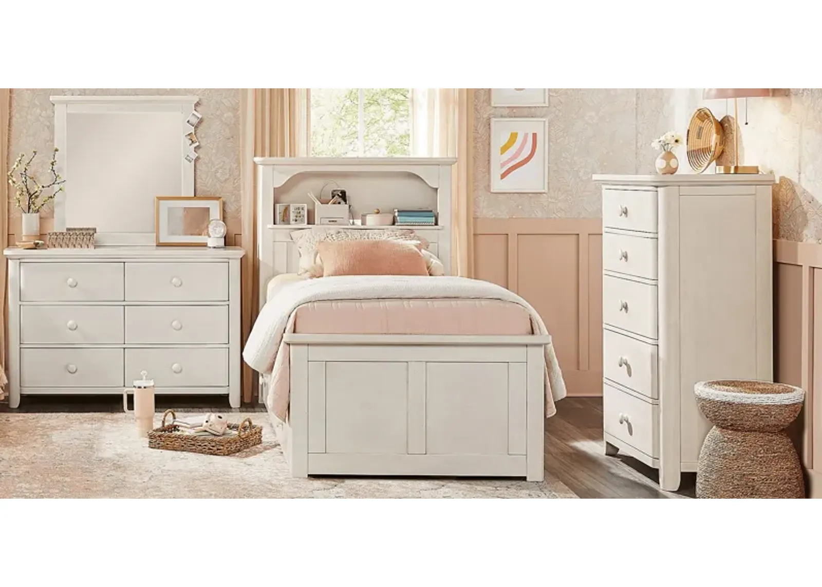 Kids South Bend Washed White 5 Pc Twin Bookcase Bedroom