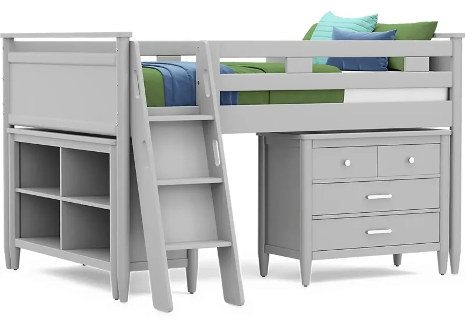 Kids Modern Colors Light Gray Full Loft with Loft Chest and Bookcase