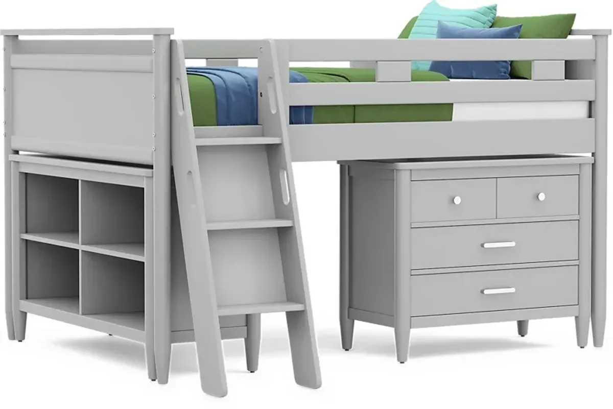 Kids Modern Colors Light Gray Full Loft with Loft Chest and Bookcase