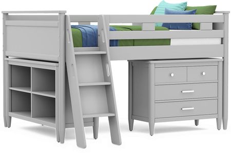Kids Modern Colors Light Gray Full Loft with Loft Chest and Bookcase