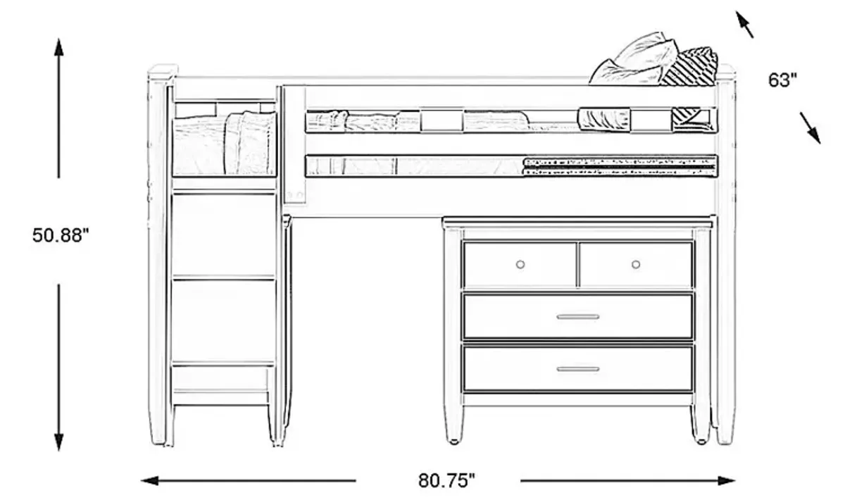 Kids Modern Colors White Full Loft with Loft Chest and Bookcase