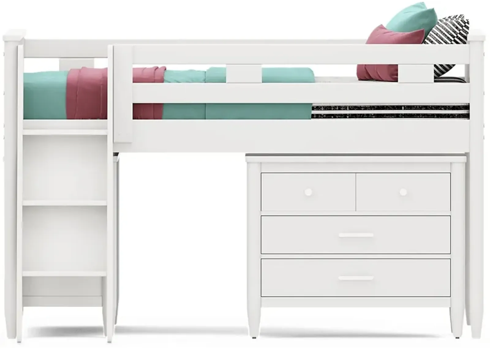 Kids Modern Colors White Full Loft with Loft Chest and Bookcase