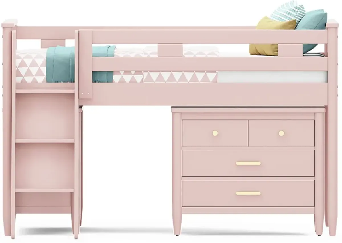 Kids Modern Colors Pink Full Loft with Loft Chest and Bookcase