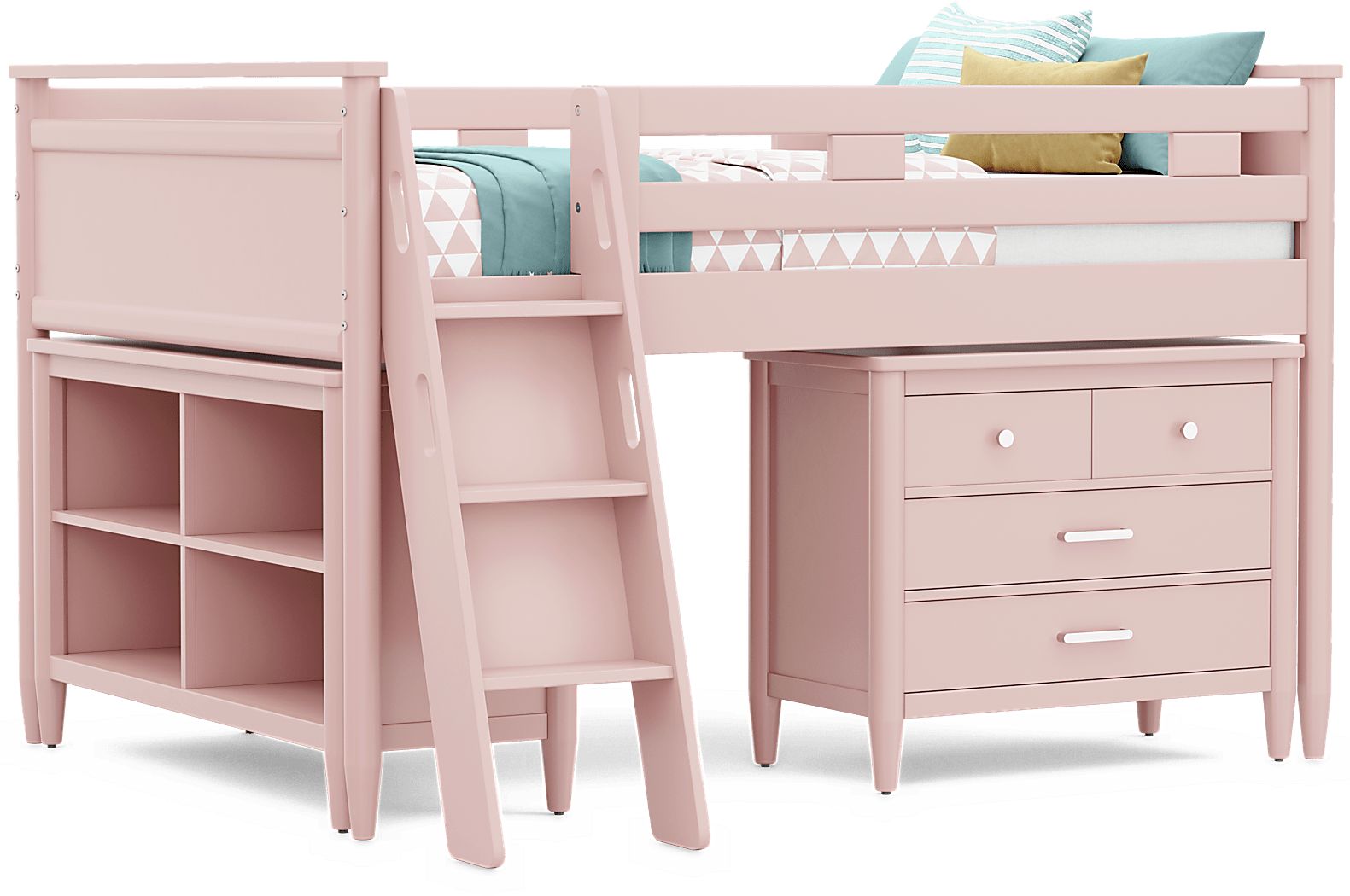 Kids Modern Colors Pink Full Loft with Loft Chest and Bookcase