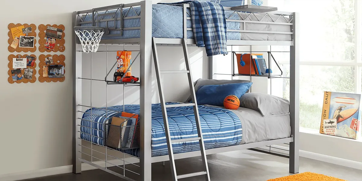 Build-a-Bunk Gray Full/Full Bunk Bed with Gray Accessories and Basketball Hoop