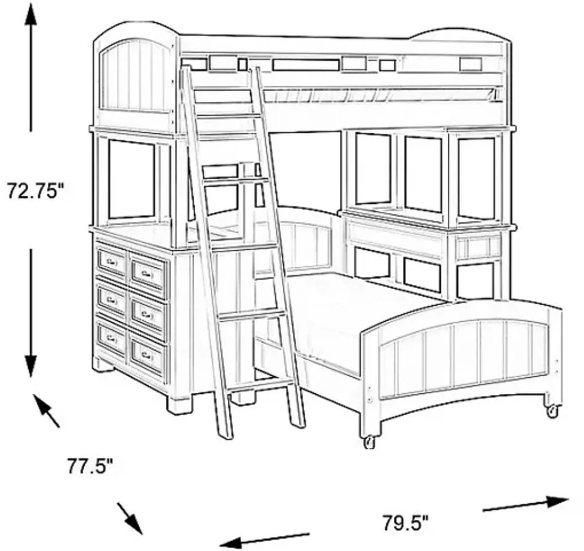 Kids Cottage Colors Gray Twin Loft Bunk with Desk and Dresser