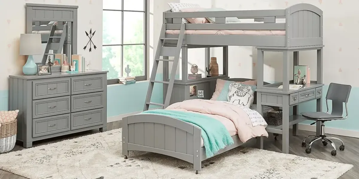 Kids Cottage Colors Gray Twin Loft Bunk with Desk and Dresser