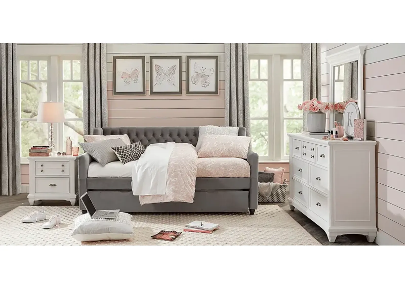 Kids Hilton Head White 4 Pc Bedroom with Alena Charcoal Twin Upholstered Daybed