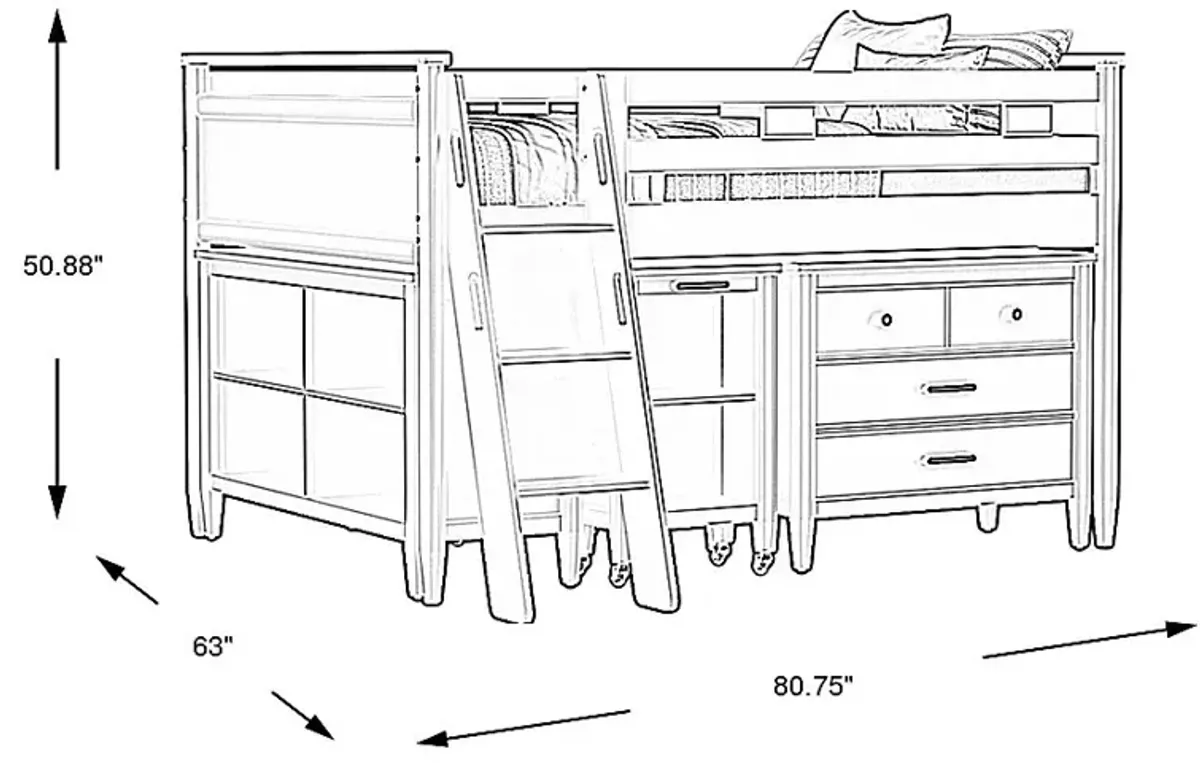 Kids Modern Colors Iron Ore Full Loft with Loft Chest, Bookcase and Desk