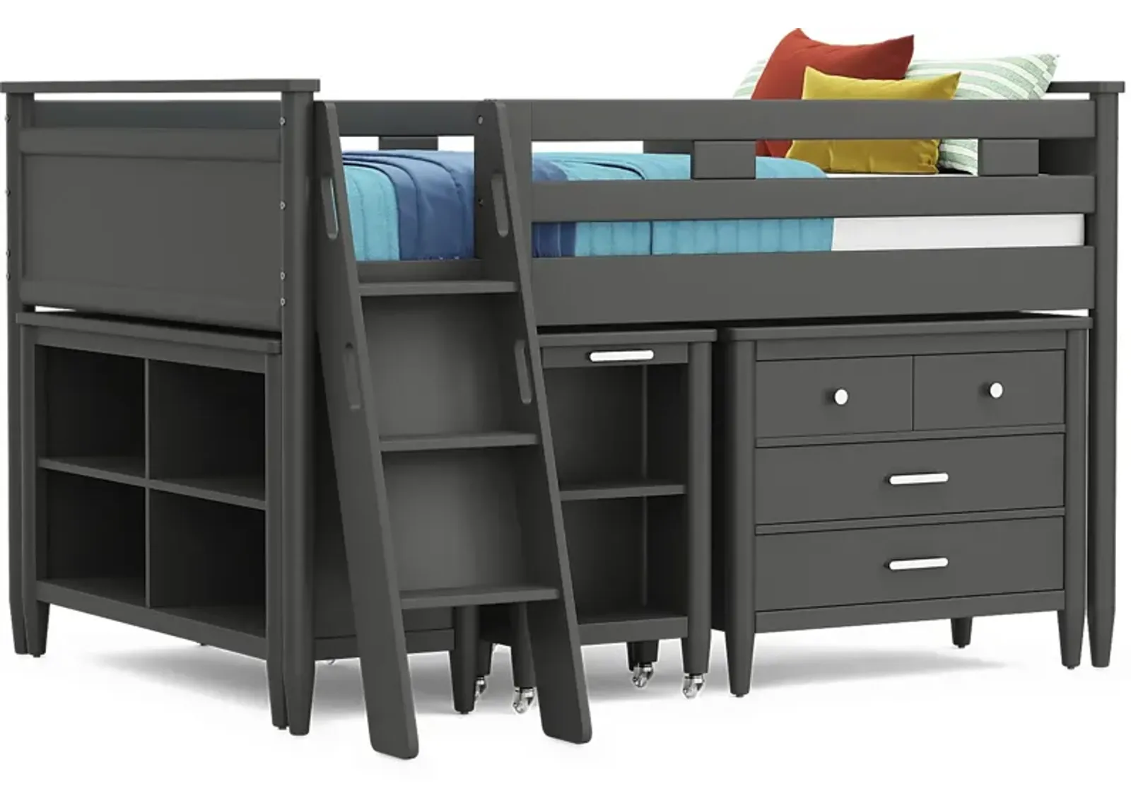 Kids Modern Colors Iron Ore Full Loft with Loft Chest, Bookcase and Desk