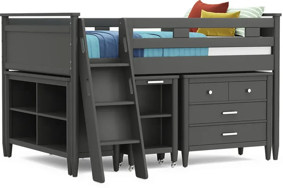 Kids Modern Colors Iron Ore Full Loft with Loft Chest, Bookcase and Desk