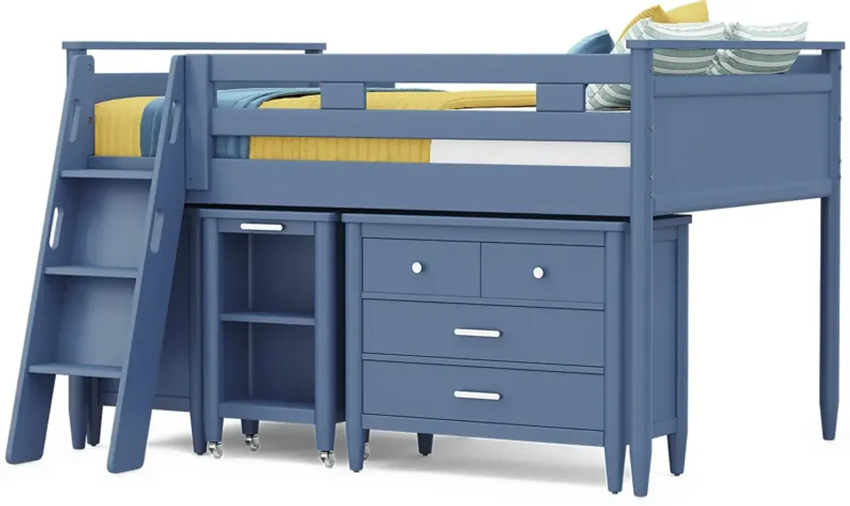 Kids Modern Colors Slate Blue Full Loft Bed with Loft Chest, Bookcase and Desk