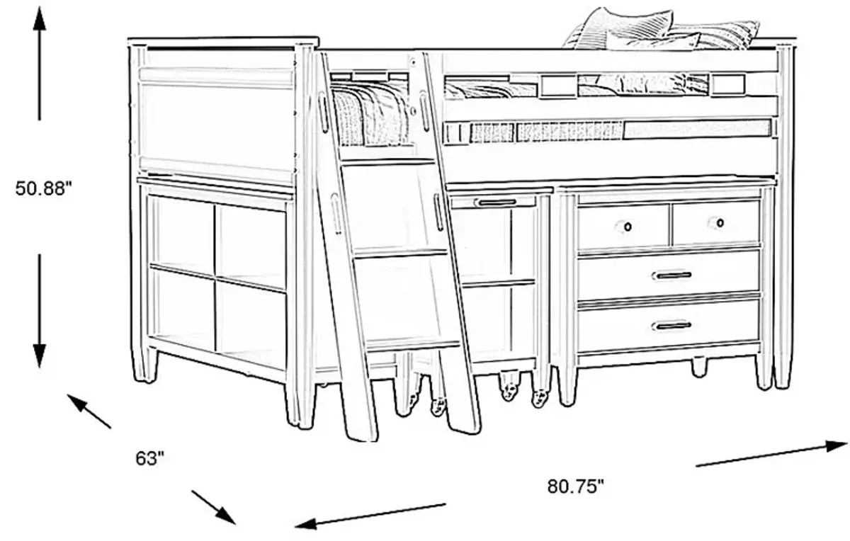 Kids Modern Colors Slate Blue Full Loft Bed with Loft Chest, Bookcase and Desk