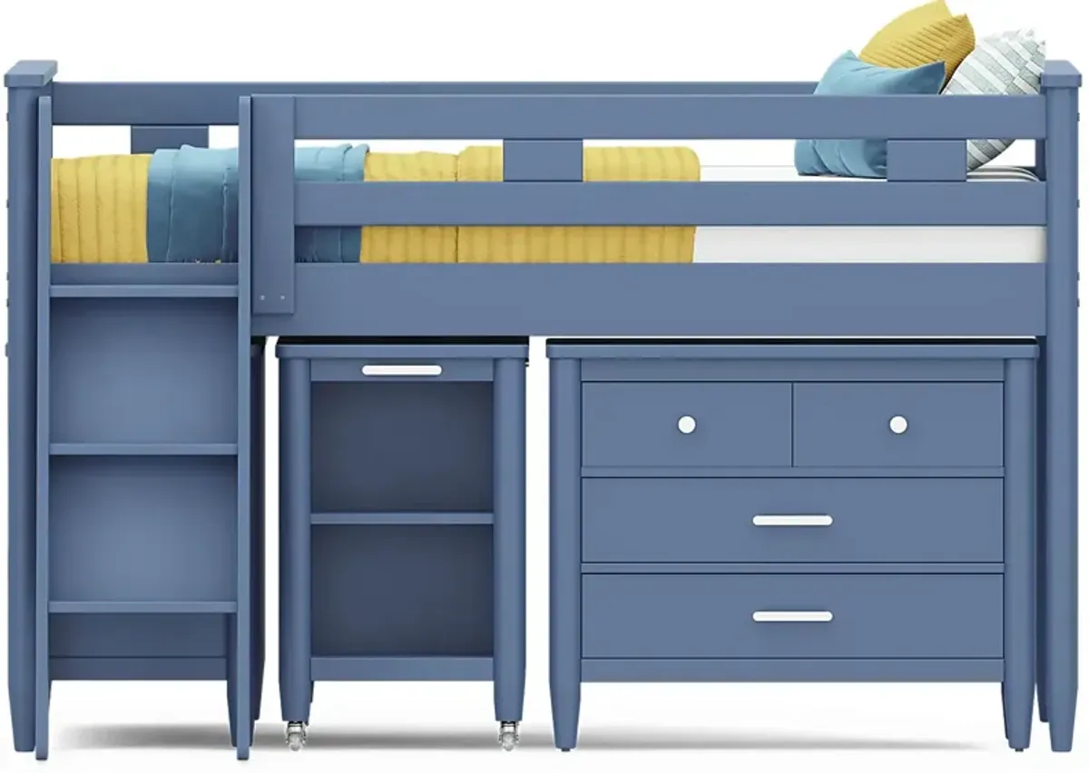 Kids Modern Colors Slate Blue Full Loft Bed with Loft Chest, Bookcase and Desk