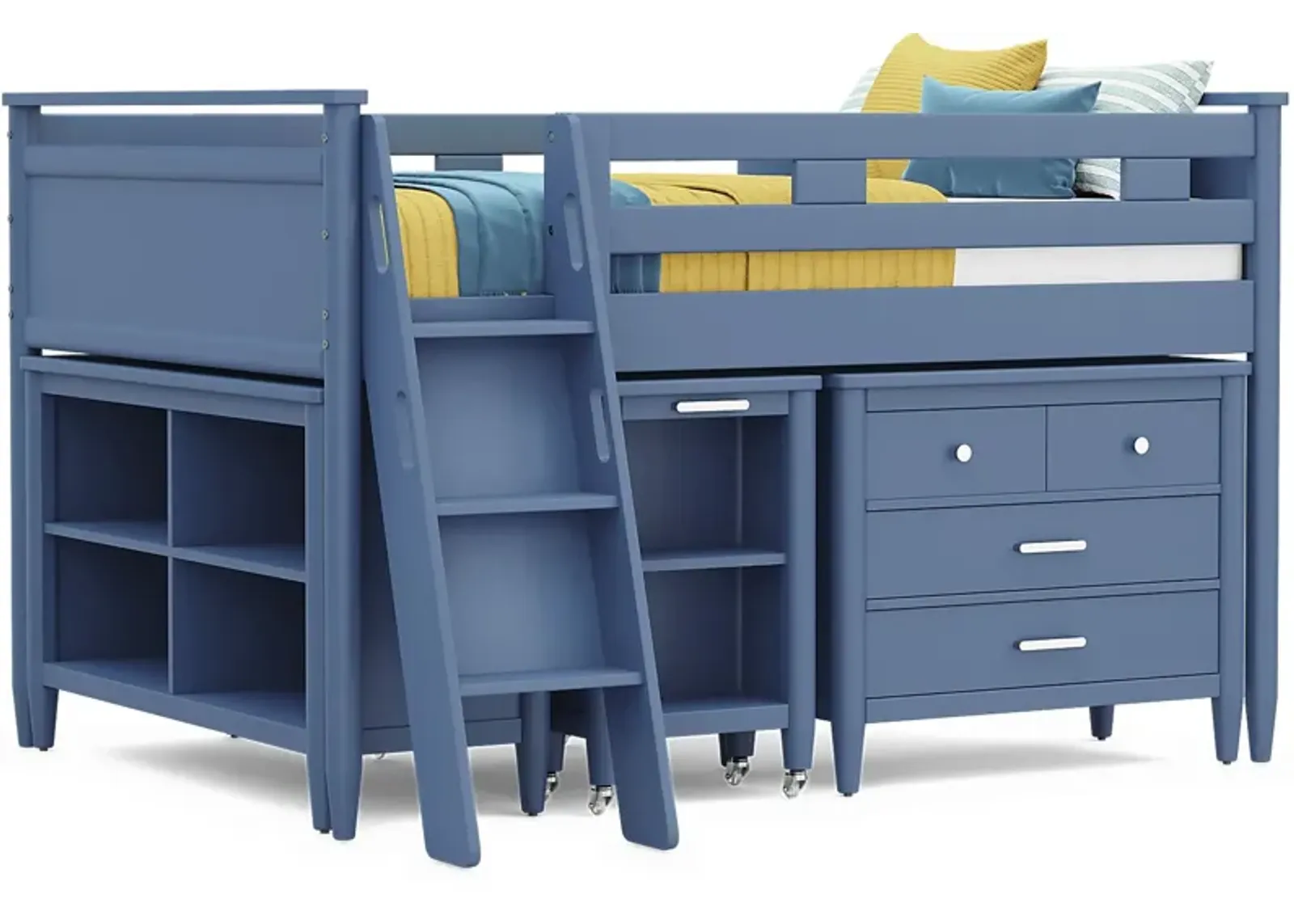 Kids Modern Colors Slate Blue Full Loft Bed with Loft Chest, Bookcase and Desk