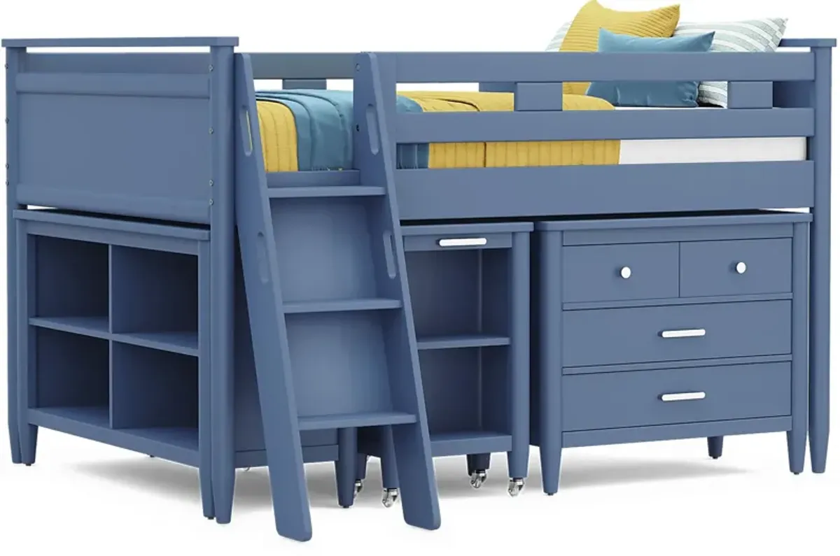 Kids Modern Colors Slate Blue Full Loft Bed with Loft Chest, Bookcase and Desk