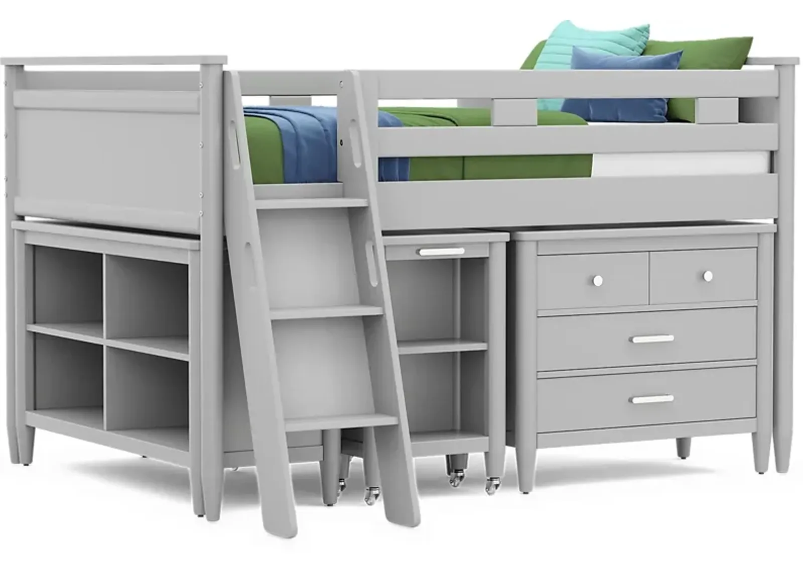 Kids Modern Colors Light Gray Full Loft with Loft Chest, Bookcase and Desk