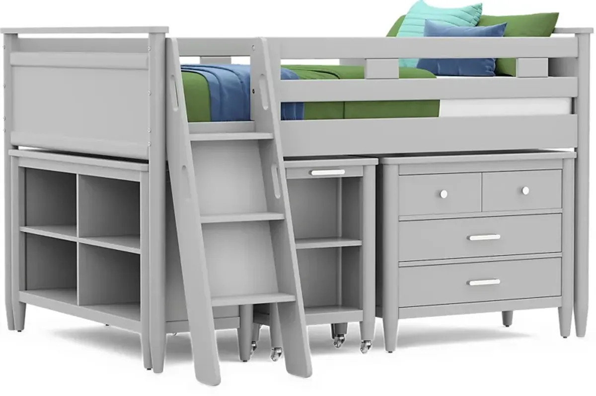 Kids Modern Colors Light Gray Full Loft with Loft Chest, Bookcase and Desk