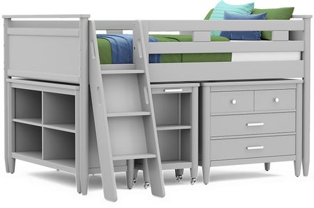 Kids Modern Colors Light Gray Full Loft with Loft Chest, Bookcase and Desk
