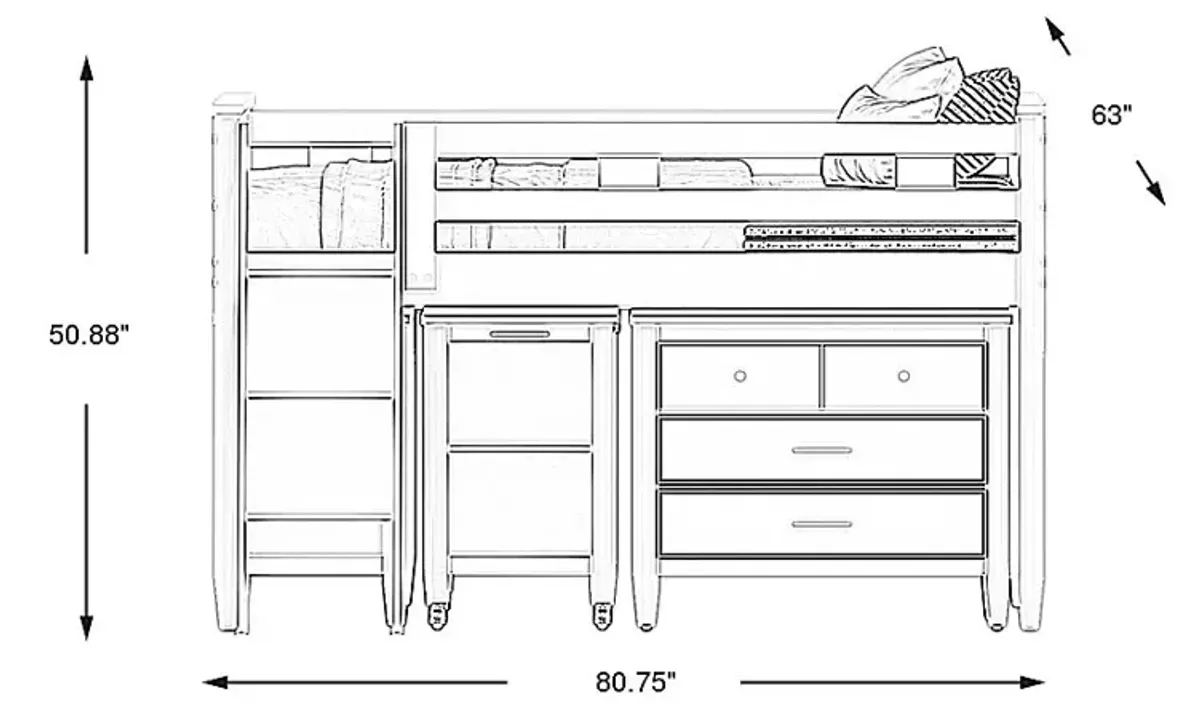 Kids Modern Colors White Full Loft with Loft Chest, Bookcase and Desk