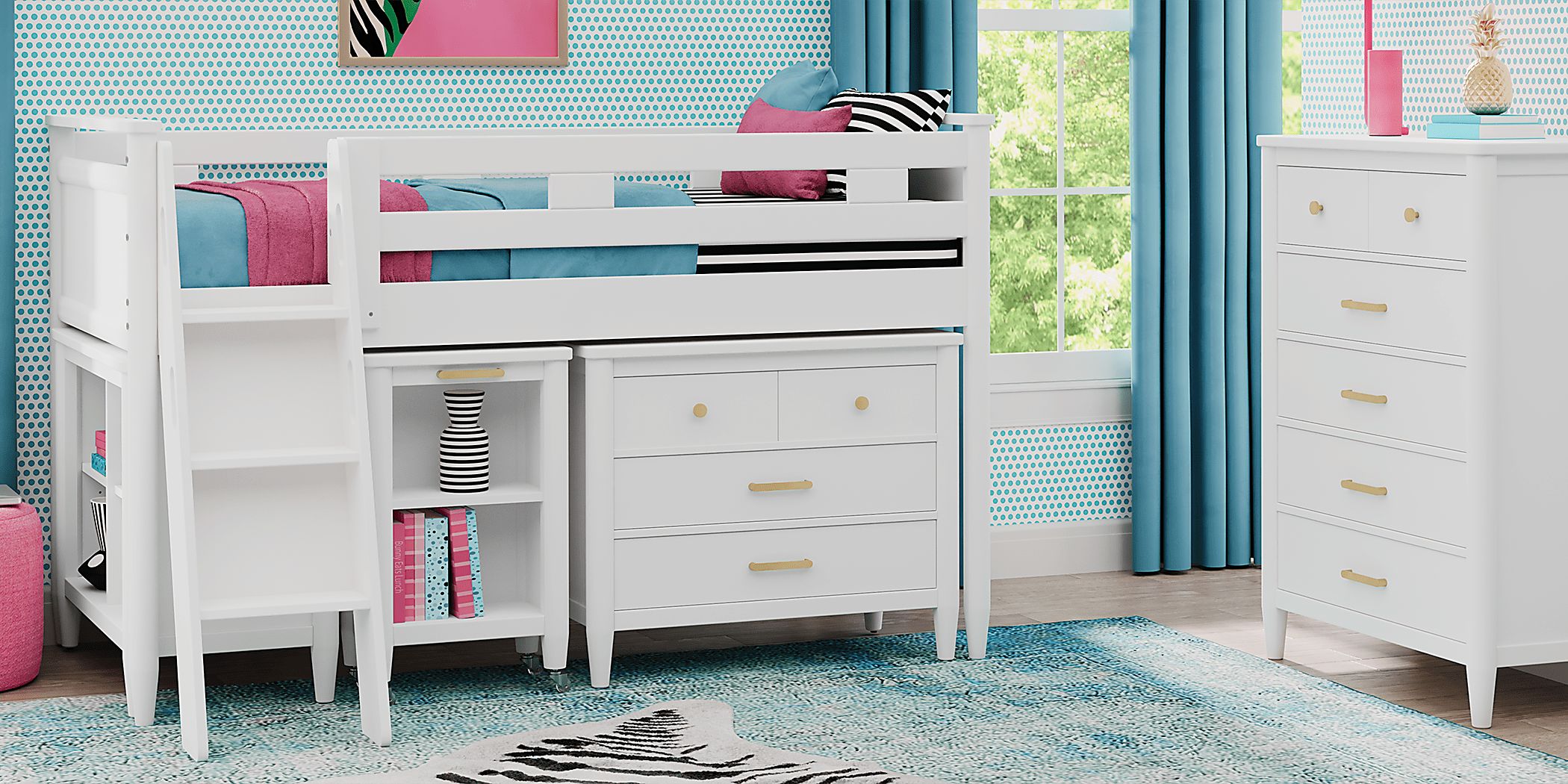 Kids Modern Colors White Full Loft with Loft Chest, Bookcase and Desk