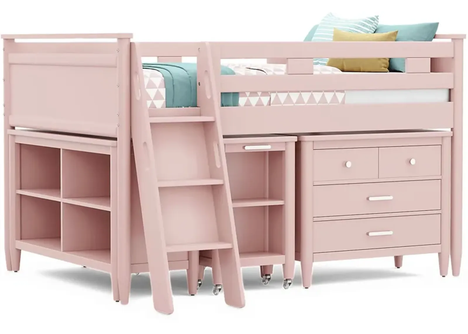 Kids Modern Colors Pink Full Loft with Loft Chest, Bookcase and Desk