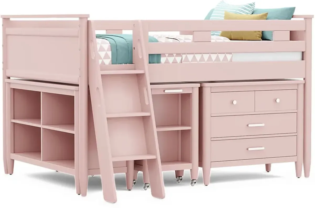 Kids Modern Colors Pink Full Loft with Loft Chest, Bookcase and Desk