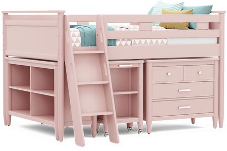 Kids Modern Colors Pink Full Loft with Loft Chest, Bookcase and Desk