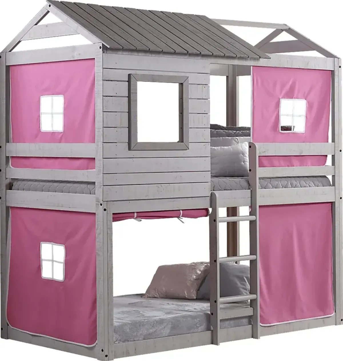 Treeline Cabin Gray Twin/Twin Jr. Loft Bed with Pink Tent