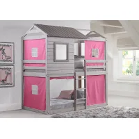 Treeline Cabin Gray Twin/Twin Jr. Loft Bed with Pink Tent