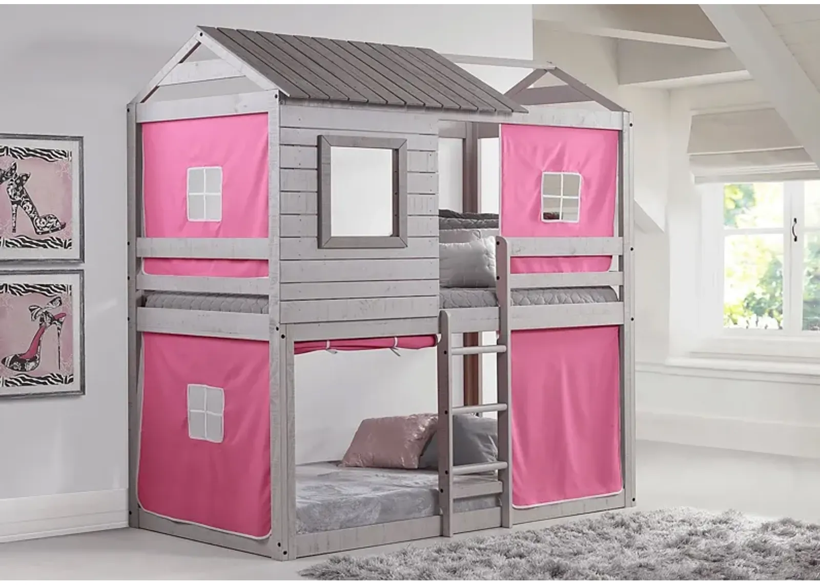 Treeline Cabin Gray Twin/Twin Jr. Loft Bed with Pink Tent