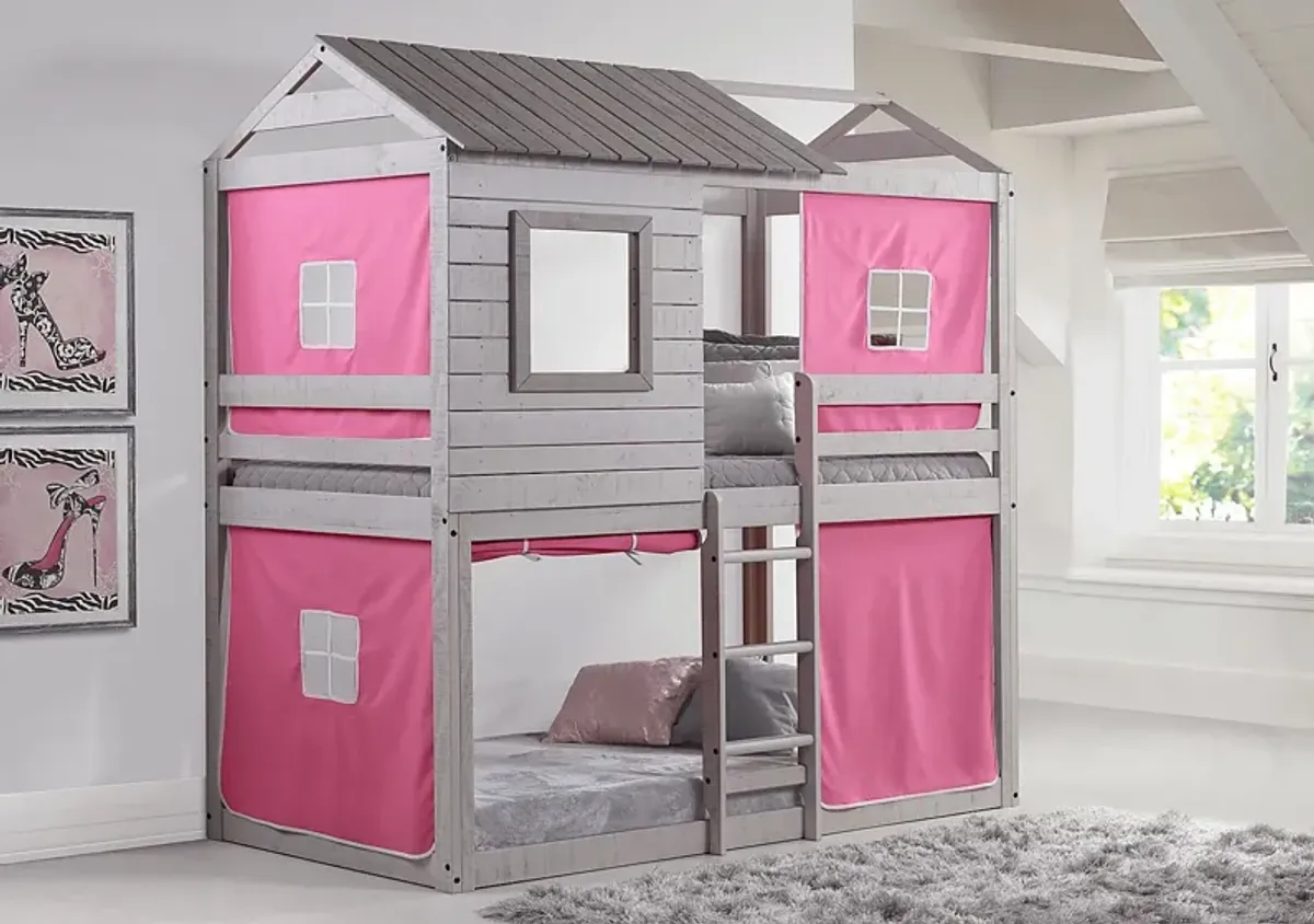 Treeline Cabin Gray Twin/Twin Jr. Loft Bed with Pink Tent