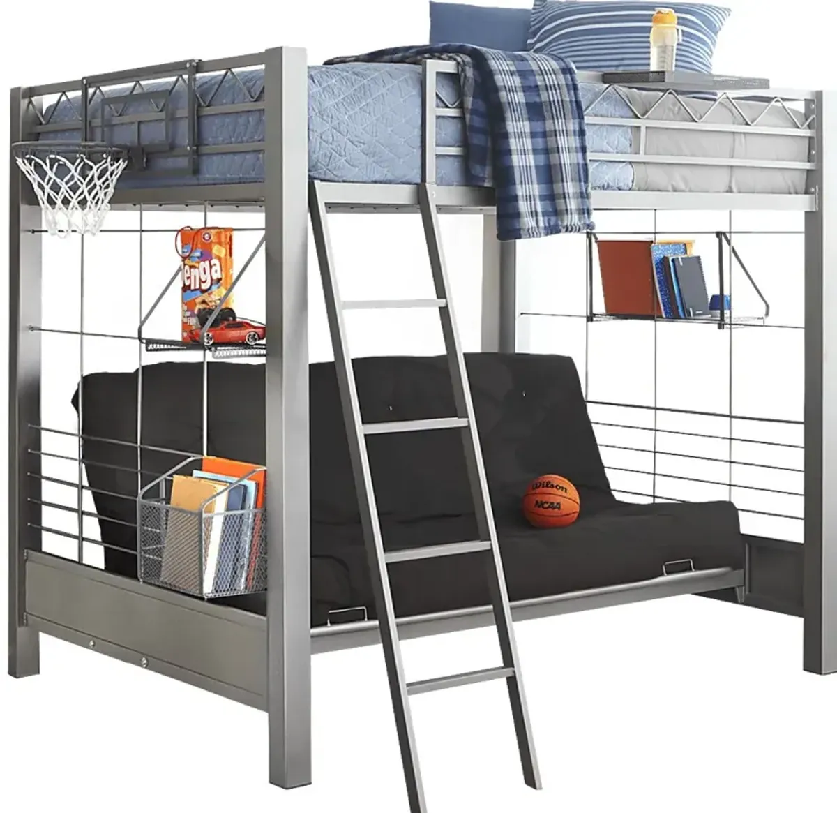 Build-a-Bunk Gray Full/Futon Loft Bed with Gray Accessories and Basketball Hoop