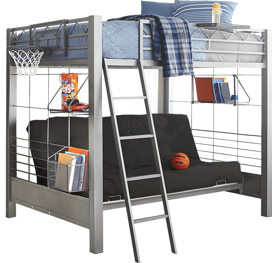 Build-a-Bunk Gray Full/Futon Loft Bed with Gray Accessories and Basketball Hoop